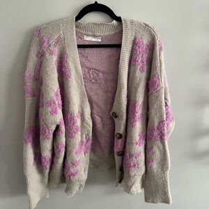 Anthropologie Floral Knit Cardigan Sweater - Pink on Cream